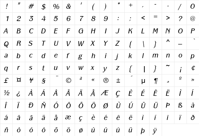 Panache-BookIta Regular  glyph index