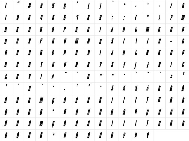 EAST-west Condensed Italic Condensed Italic  glyph index