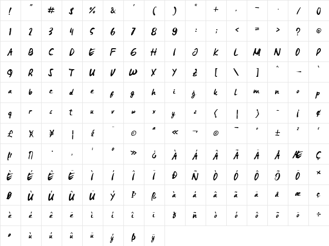 Jeullyta Regular  glyph index