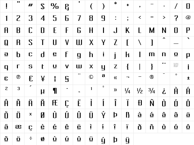 Pecot Upper Regular  glyph index