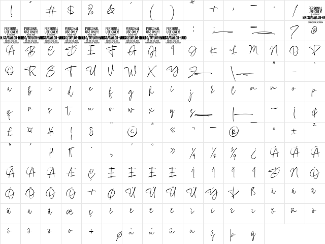 Taylor Hand PERSONAL USE Regular  glyph index