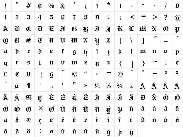 Engravers' Old English Bold  glyph index