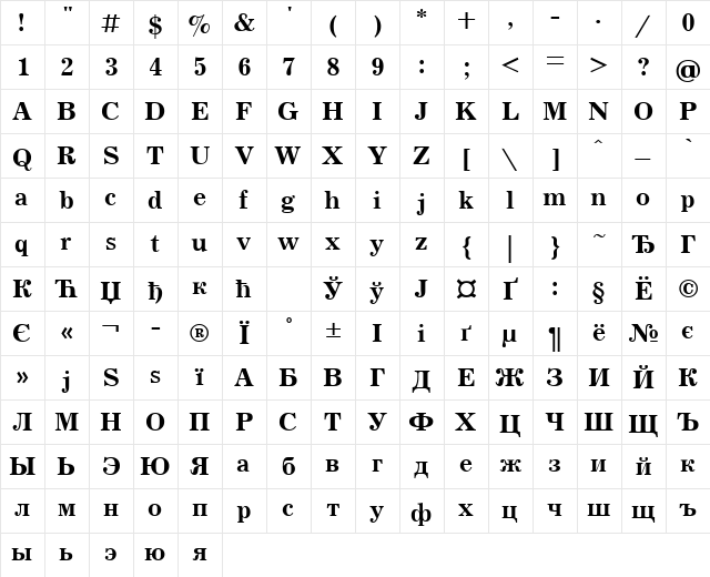 JournalCTT Bold  glyph index