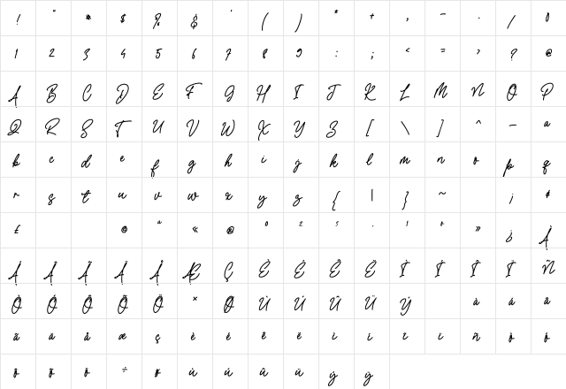 Quinley Regular  glyph index