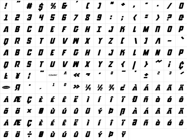 Anitlles Expanded Italic Expanded Italic  glyph index