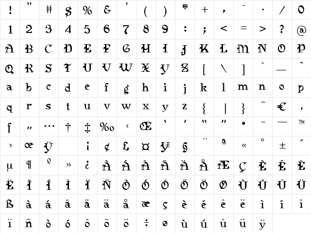 Castle Regular  glyph index