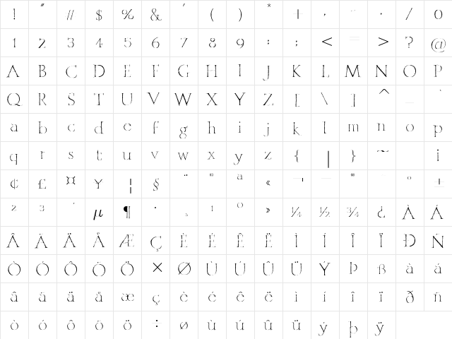 MithrasITC Roman  glyph index