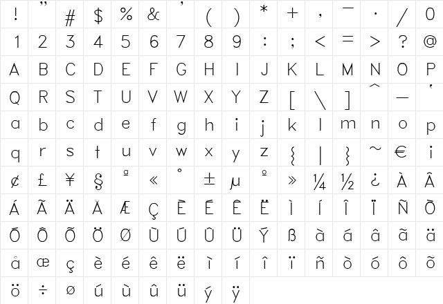 RomanD Regular  glyph index
