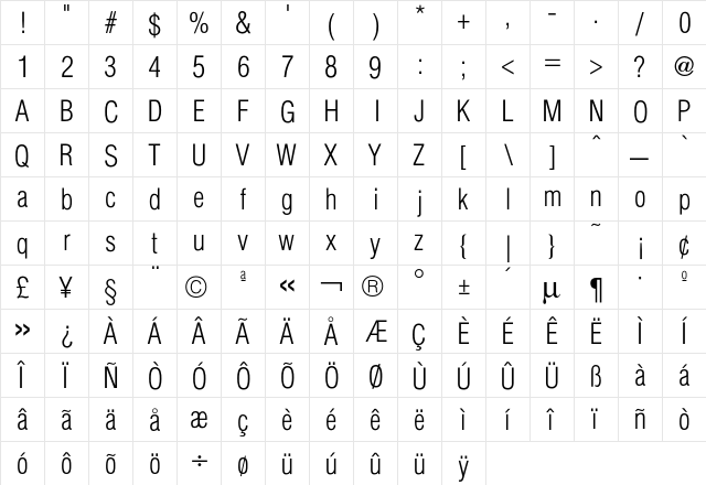 Hallmarke CondLight  glyph index