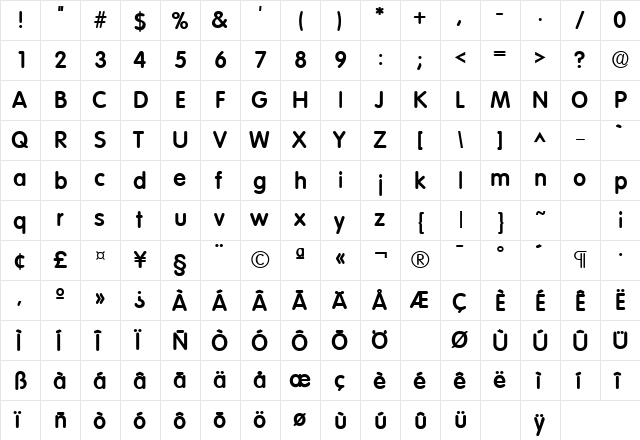 VolkswagenH Bold  glyph index