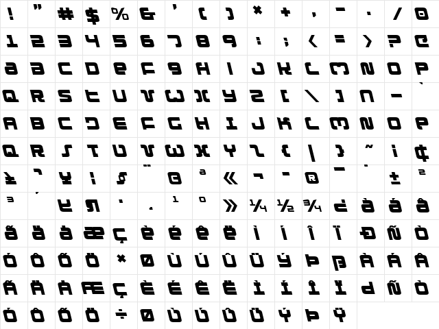 Exedore Leftalic Italic  glyph index