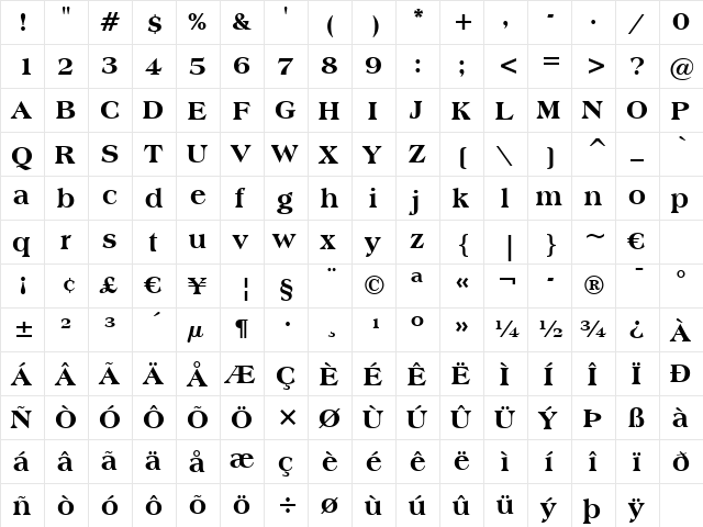 Americana XBd BT Extra Bold  glyph index