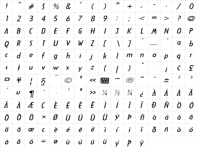 ArcaneWide Italic  glyph index