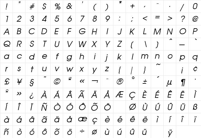 Avant Italic  glyph index