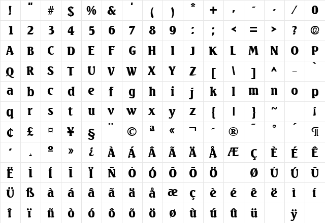 Seagull Bold  glyph index