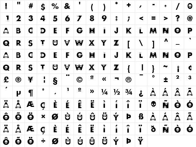 skullphabet Bold  glyph index