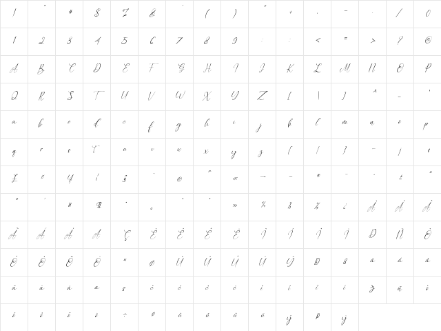 Caitlin Angelica Italic Regular  glyph index