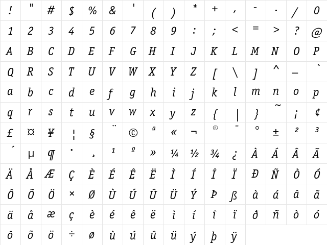 OfficinaSerifEF BookItalic  glyph index