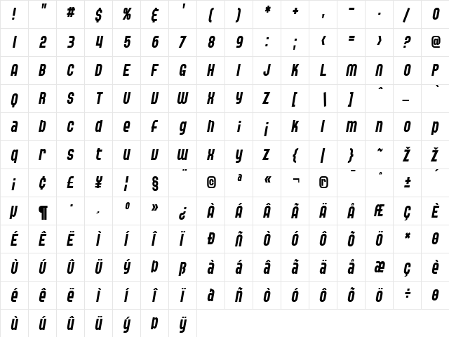SF Speedwaystar Cond Italic  glyph index