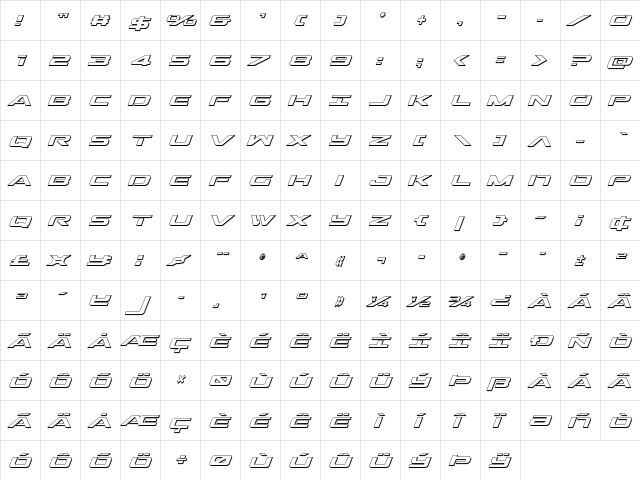 Outrider 3D Italic Italic  glyph index