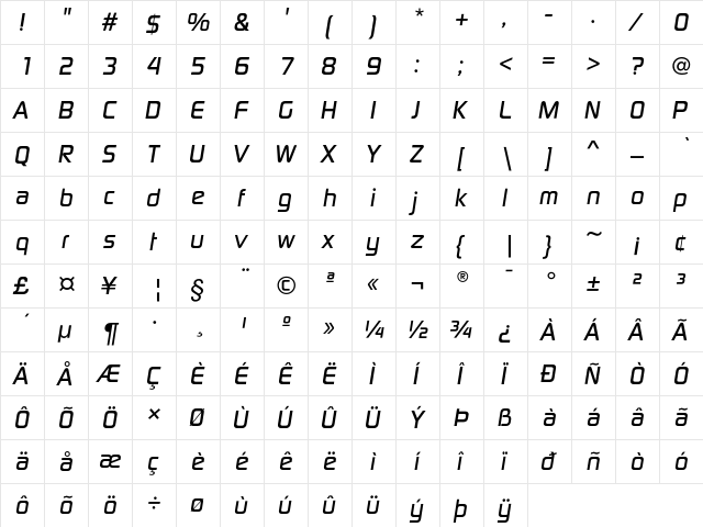 DigitalEF Medium Italic  glyph index
