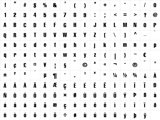 Helvetica LT Compressed Regular  glyph index