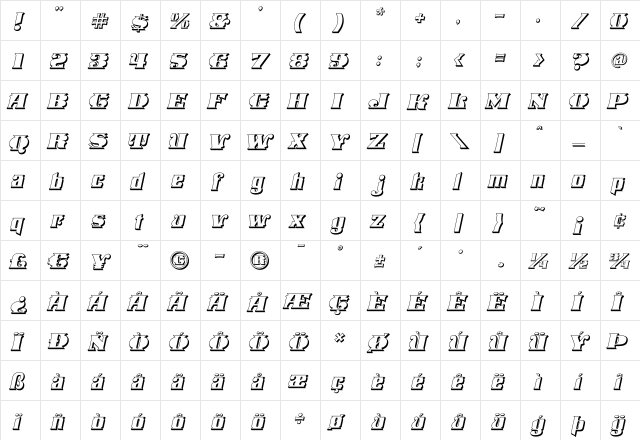 Stampede Open Italic Regular  glyph index