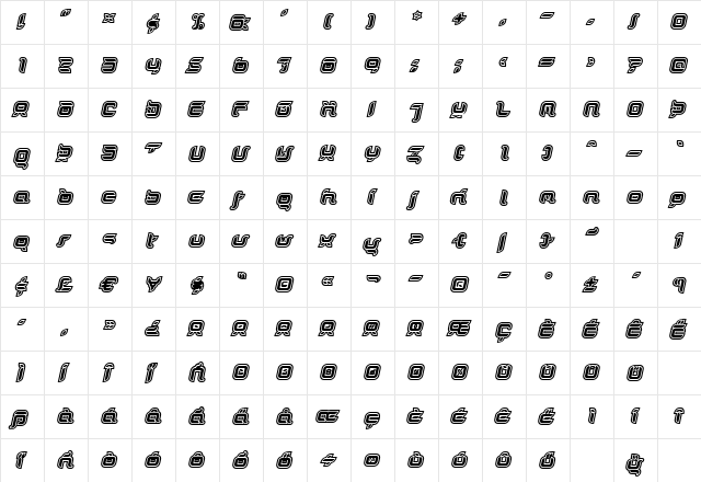Doris OrangeOutlineItalic Regular  glyph index