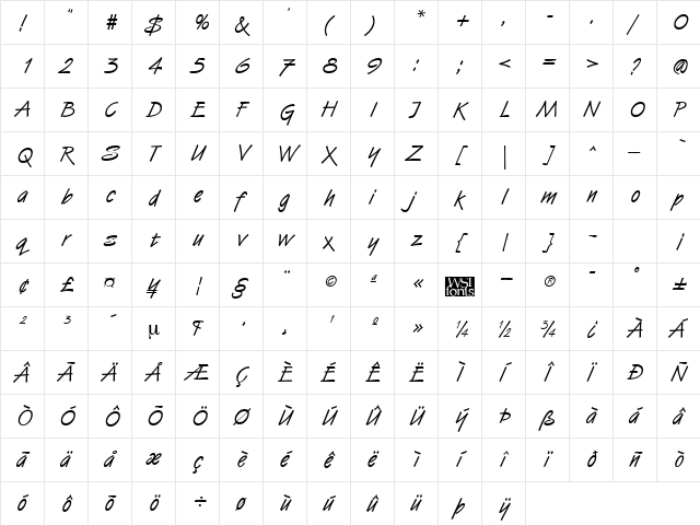 HandStroke Regular  glyph index