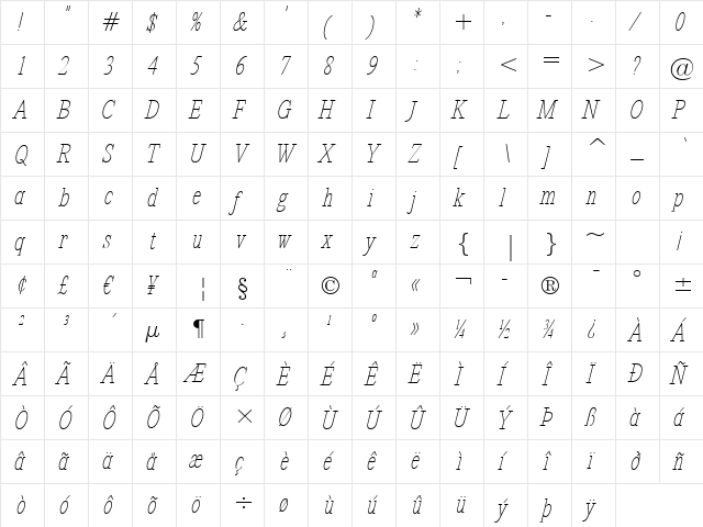 Revelation BTN Cond Lt Oblique  glyph index