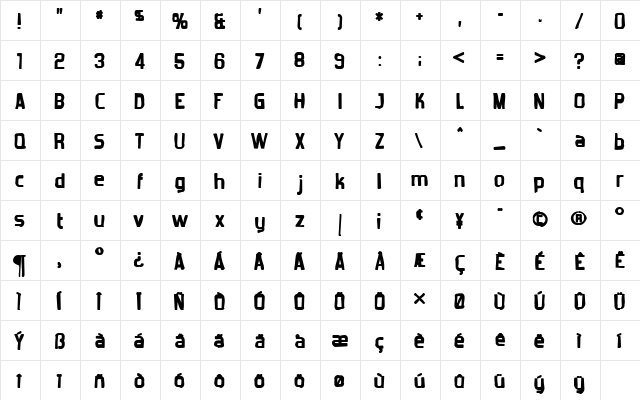 Forgotten Futurist Ink Regular  glyph index