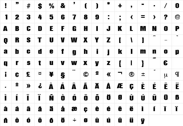 Olympia-HeavyCond Regular  glyph index