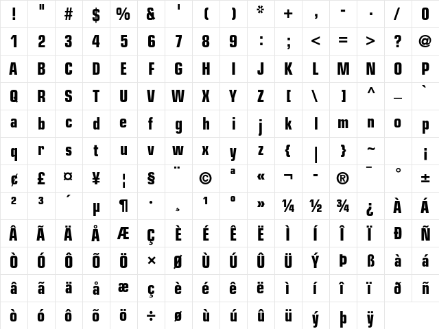 Eurostile LT Std Bold Condensed  glyph index