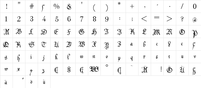 MonAmourAprilFraktur Regular  glyph index