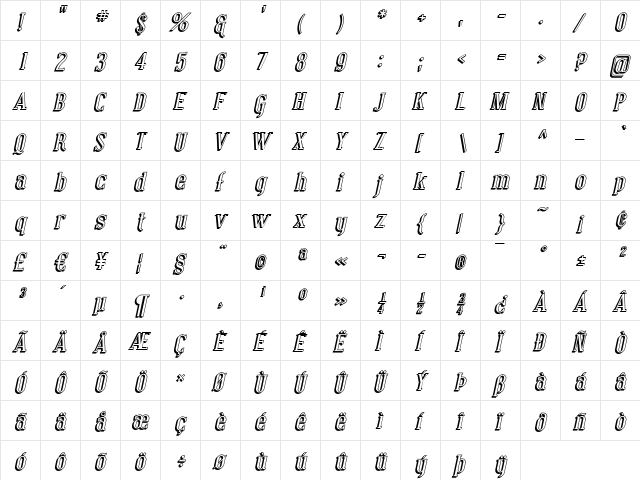 Covington Shadow Italic  glyph index