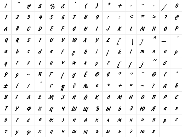 BrushType-SemiBold-Italic Regular  glyph index