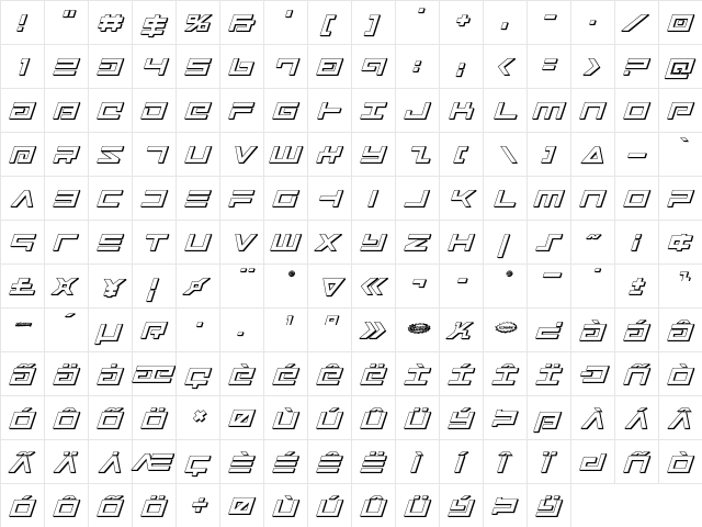 Avenger 3D Italic Italic  glyph index