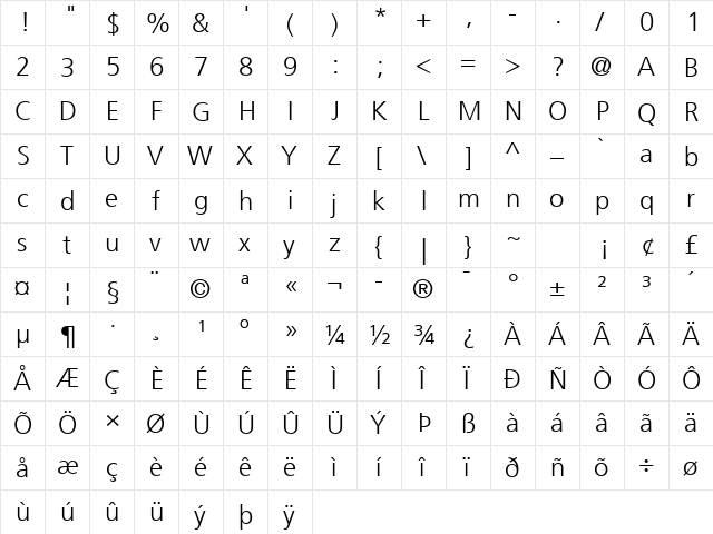 Frutiger LT Com 45 Light  glyph index