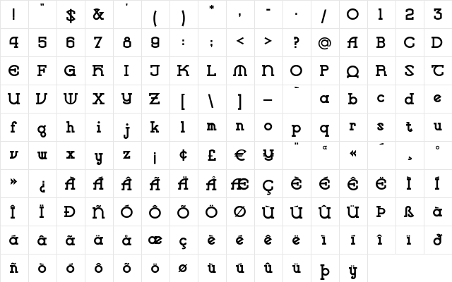 VlaanderenSquare Regular  glyph index