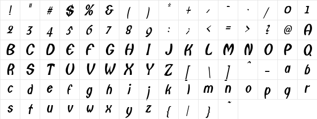 FishermanCondensed Oblique  glyph index