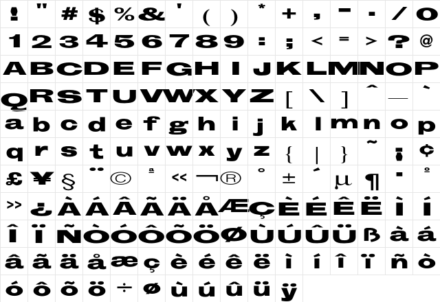 Groschen ExtraExtended  glyph index