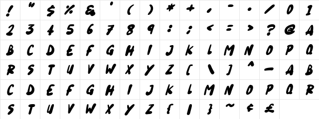 Blueberry Italic  glyph index