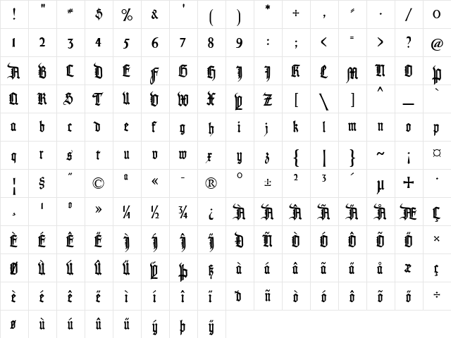 Pommern Gotisch Regular  glyph index