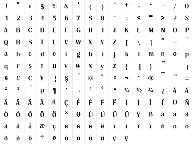 Bristol-Medium Regular  glyph index