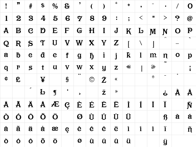 Olympian Regular  glyph index