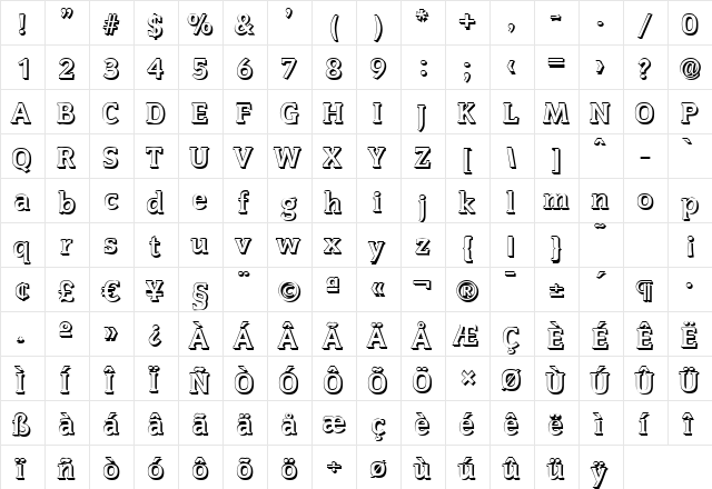 KevinBeckerShadow Bold  glyph index