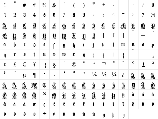 Victorian Text Regular  glyph index