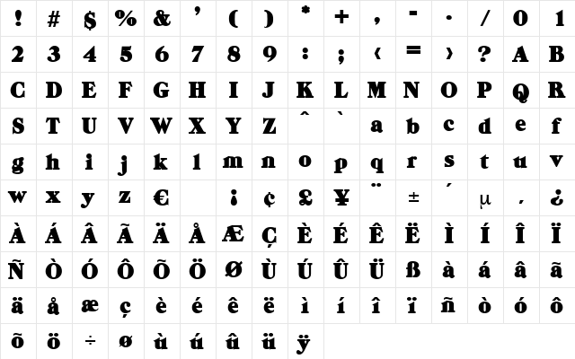 Lewistown Regular  glyph index