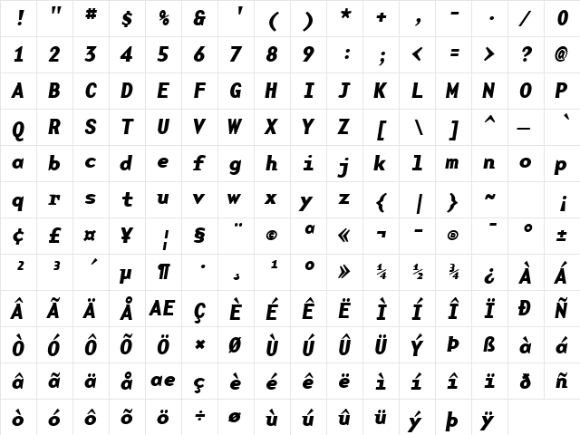 BaseMonoWideBoldItalic Bold Italic  glyph index