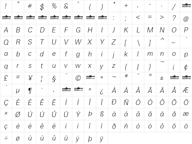 Boring Sans A Trial Light Italic  glyph index